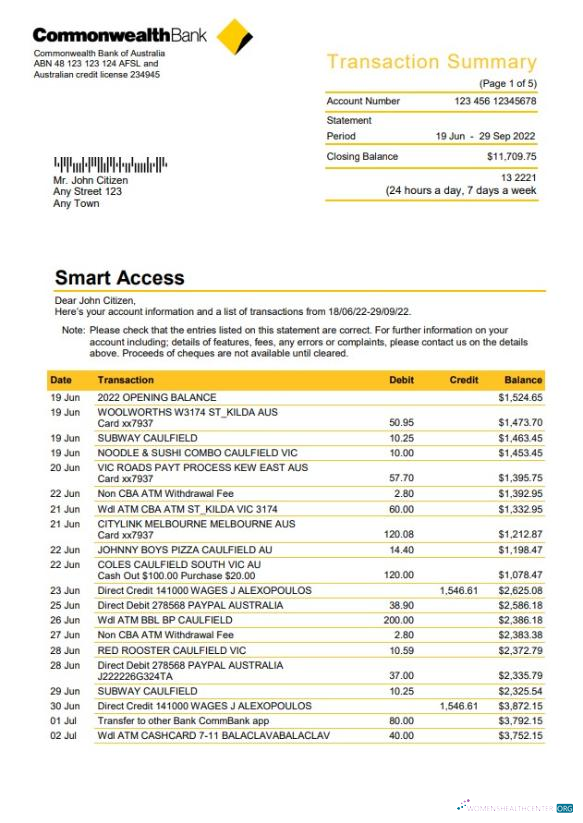 Download Australia Commonwealth bank statement, 5 pages Photoshop template